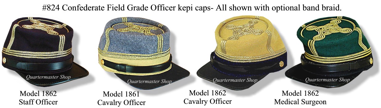 Civil War CS Cavalry Major's Leather Peak kepi Grey/Yellow Band 3 rows braids 